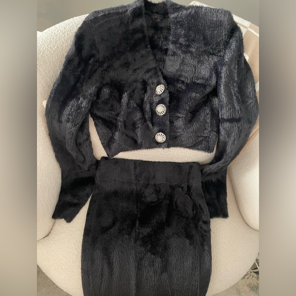 Revolve NBD Grace Fuzzy Cardigan Skirt Set Black - Picture 5 of 11